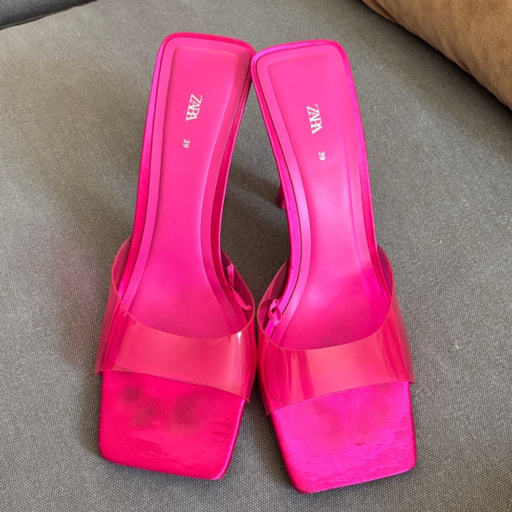 Zara Pink Square Toe Satin and Lucite Heels